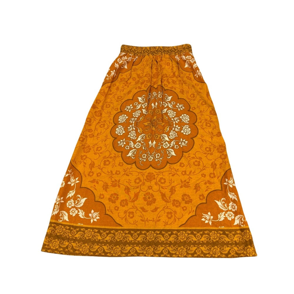 Rachel Zoe | Mustard Orange Floral Medallion Linen Blend Maxi Skirt | Small - Picture 5 of 16